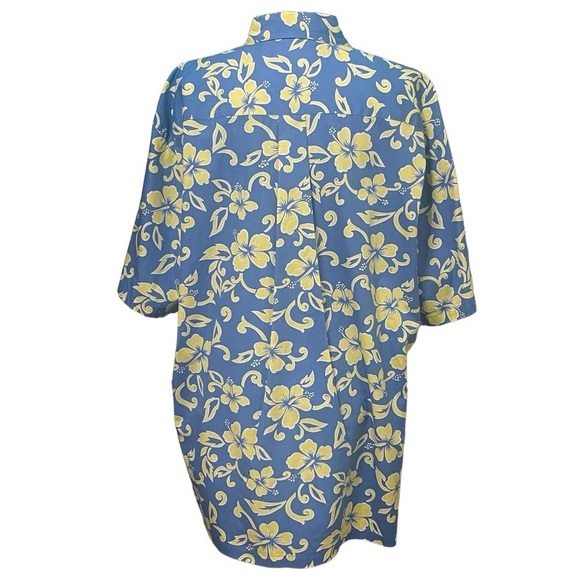 Two Palms Hawaiian Shirt Large Blue Yellow Hibiscus Floral 100% Cotton - Picture 2 of 5